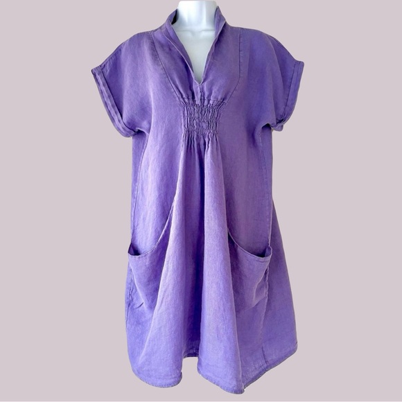 Meo Meli garment dyed linen smock dress Made In Italy Lagenlook PurpleBlue - www.disolcolor.com Meo Meli garment dyed linen smock dress Made In Italy Lagenlook PurpleBlue - www.disolcolor.com